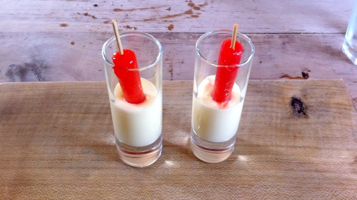 Strawberry ice lollies with a Madeira cake milk. 