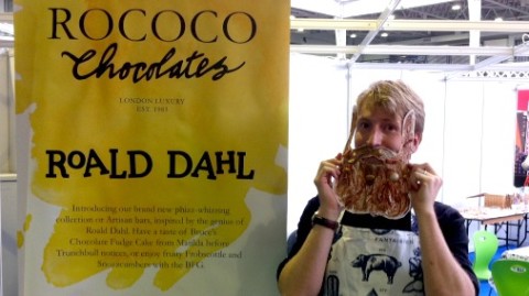 Sam Smallman of Rococo with a chocolate beard, part of their Roald Dahl celebrations. 